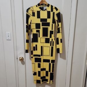 SHEIN Yellow and Black Geometric Long Sleeve Dress